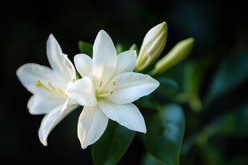 A white lily flower with a closed bud, set against a dark background.