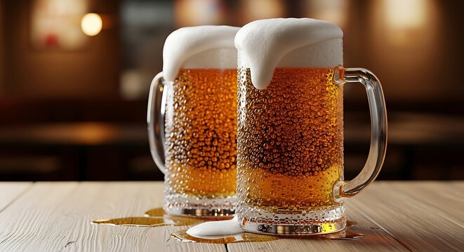 Two frothy mugs of golden beer on a wooden table