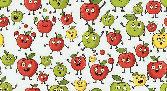 Cute Apple Emoji Pattern Kawaii Fruit Faces Background Adorable Design Wallpaper