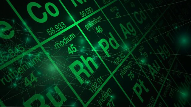 Animated green molecular atoms overlay periodic chemistry grid table