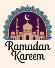Ramadan kareem greeting card design featuring a stylized mosque silhouette, crescent moon, and ornate arch, perfect for islamic celebrations.