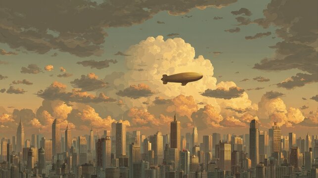 airship floats over cityscape golden hour