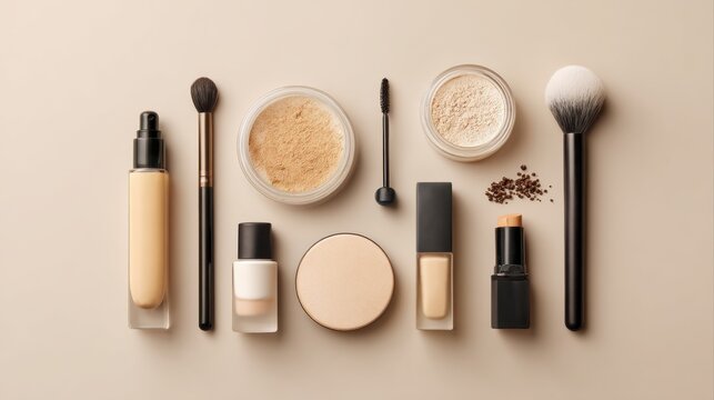 beauty essentials flat lay neutral background