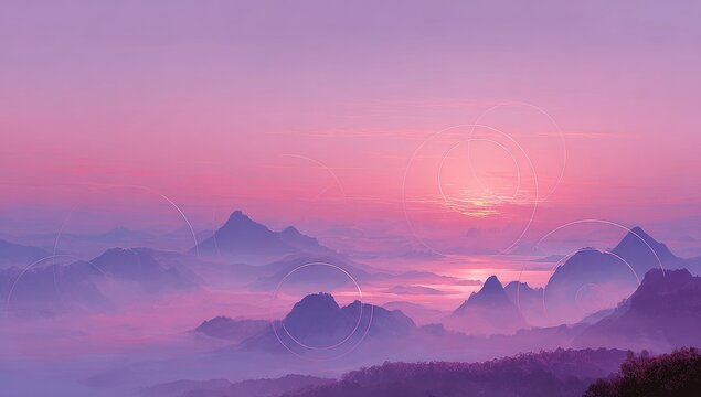 Serene, misty mountain range at dawn, bathed in soft pink and purple hues, a sun rising behind a sea of clouds