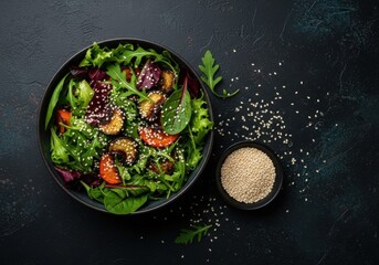 Fresh green salad with vegetables and sesame seeds. Salad with roasted plums, arugula, spinach on dark color