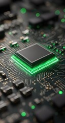 Obraz premium Close-up of a dark-green circuit board featuring a central, square microprocessor with a bright green illuminated edge, surrounded by intricate circuitry and tiny components