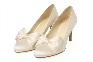 Obraz premium Satin white wedding shoes with bows, transparent background