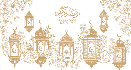 Beautiful ramadan kareem greeting card with ornate islamic lanterns and floral decorations