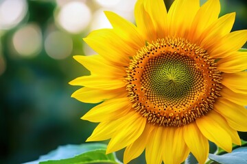 Obraz premium A vibrant sunflower with a bright yellow center and radiating petals, set against a blurred green background.