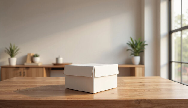 White gift box on wooden table in modern interior with plants  