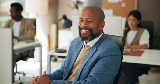 Computer, reading and smile with business man in office for review, journalist editor and research. Publishing agency, coworking and media with person in startup for reporter fact check and writer