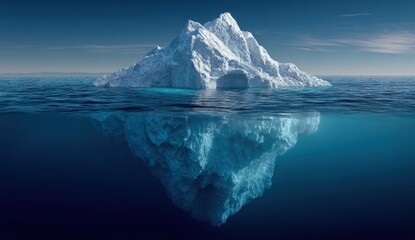 A large iceberg floating in calm ocean waters with its reflection visible on the surface under a clear sky