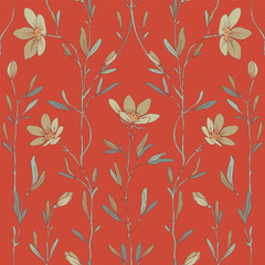 Stems with simple leaves and pale blossoms arranged on  solid red background.