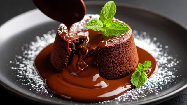 A decadent chocolate dessert is garnished with mint on a dark plate, with flowing chocolate sauce