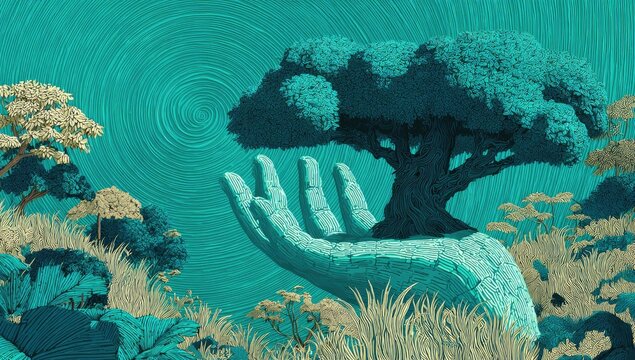 A large, stone-like hand gently cradles a stylized tree amidst a swirling, teal-toned landscape of flora