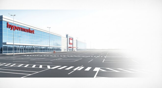 Modern hypermarket building facade with empty parking lot reflecting daylight
