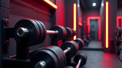 Fototapeta premium Dumbbell Weight Rack, Modern Fitness Gym Interior, Dramatic Red Neon Lights Room, Strength Training Background