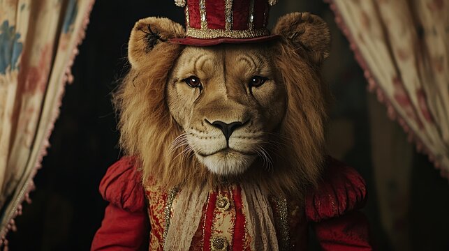 Stuffed lion wearing a circus ringleader costume