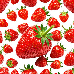 Juicy strawberries scattered, vibrant red, green stems on black background