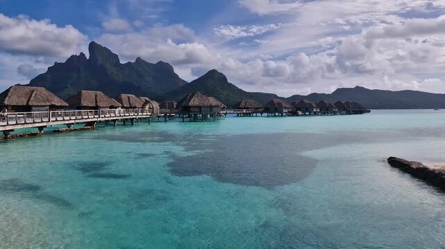 Luxury Tropical Resort on Bora Bora Island, French Polynesia. Overwater Bungalows, Turquoise Lagoon and Volcanic Hills