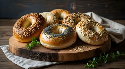 Close-up of fresh bagels with butter, fruit spreads and jams, morning meal and brunch for food lovers, print for National Homemade Bread Day and National Bagel Day.