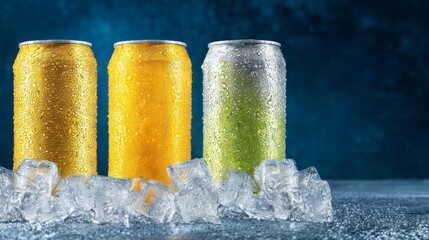 Brightly colored cans of refreshing beverages sit on a bed of ice, their surfaces glistening with condensation. Ideal for cooling off during warm afternoons or lively gatherings