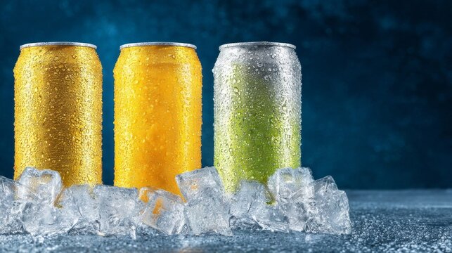 Brightly colored cans of refreshing beverages sit on a bed of ice, their surfaces glistening with condensation. Ideal for cooling off during warm afternoons or lively gatherings