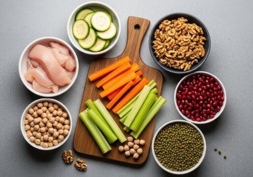 Overhead view of healthy ingredients for making a balanced meal. Healthy salad ingredients on a gray background