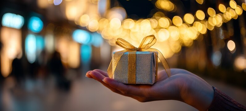 Adult hand holding glowing gift box with gold ribbon, winter night street background with warm yellow bokeh string lights, romantic and elegant holiday atmosphere