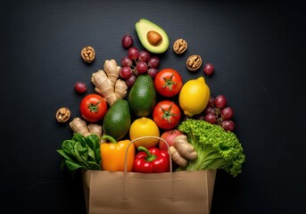 Fresh collection of healthy fruits and vegetables overflowing from paper bags. Paper bags of fresh vegetables and fruits on dark background.