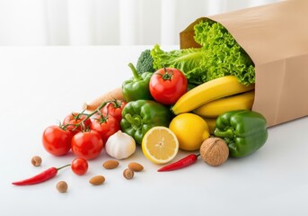Fresh groceries spilling out of bag on white surface. Paper bag filled with fresh vegetables and fruits isolated on white background