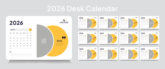 Customizable desk calendar 2026 template, corporate desk calendar schedule 2026 monthly 12-page planner layout, editable vector eps 10 file format