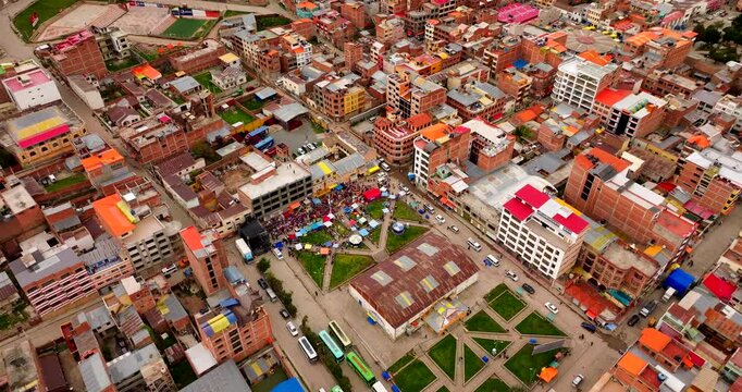 Aerial over Copacabana city in Bolivia during traditional Carnival celebrations