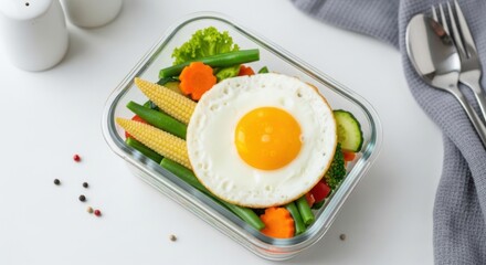 Healthy food preparation utensils with fried eggs and steamed vegetables. Healthy lunch box on white table