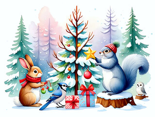 Adorable forest animals decorate a Christmas tree and share gifts in a magical winter forest. Perfect for children illustration.
