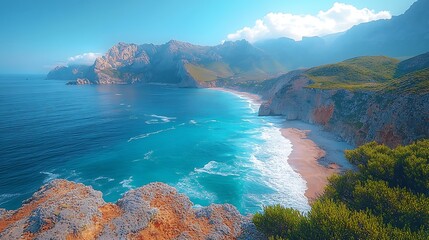 Coastal landscape with beach sea and mountains