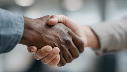 Close-up of two people shaking hands, showcasing diverse skin tones and a firm grip, signifying agreement or partnership within a blurred professional background