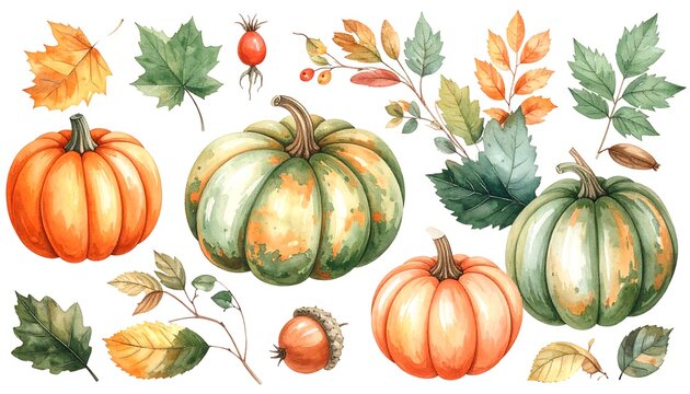 Watercolor Autumn Harvest - Pumpkins and Foliage for Seasonal Designs.
