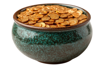 Pot of Gold Treasure Coins Abundance Wealth Ceramic Bowl Isolated Black Background Luck Fortune St