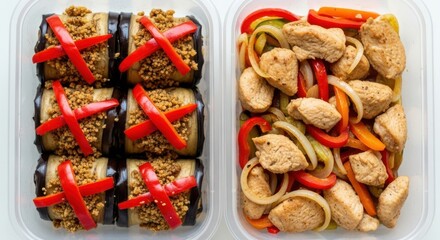 Healthy food in bowls with eggplant rolls and chicken and vegetables. Overhead shot of two lunch boxes with eggplant rolls and chicken stir fry