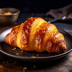 A close-up shot of a golden, flaky pastry on a dark plate, crumbs around. A small bowl with granules and a napkin are also visible