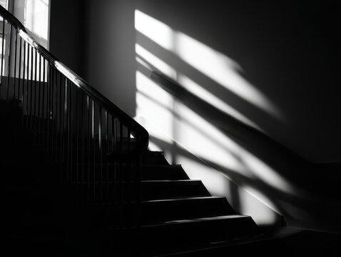Dramatic light and shadow play on a dark, modern staircase with railing
