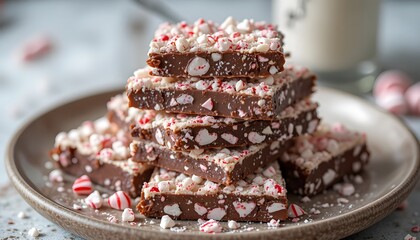 A stack of festive chocolate peppermint bark with crushed candy canes, perfect for holiday treats, dessert inspiration, and seasonal celebration themes
