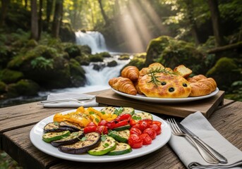 Healthy outdoor breakfast with fresh vegetables and pastries by the waterfall. Delicious food arrangement, picnic by the waterfall