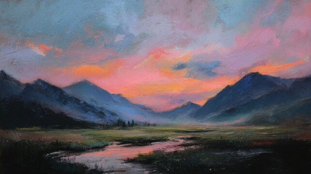 Dramatic oil painting of a mountain valley at sunset, with a river reflecting vibrant sky colors.