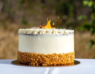 A close-up shot of a round, frosted cake with nut-crusted base, and unique golden-brown garnish