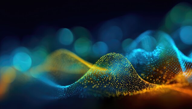 Abstract digital artwork depicting undulating waves of luminous blue, teal, and gold particles against a dark background, featuring blurred bokeh lights