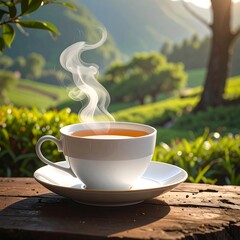 A cup of warm tea steams atop a wooden surface with a lush green landscape blurred in the background. The sun is shining