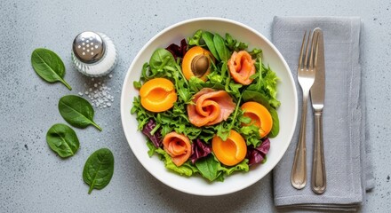 Fresh salad with peaches and ham on a gray background. Fresh salad with greens ready to eat