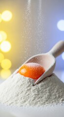 Closeup of egg yolks in wooden scoop on pile of flour. Egg yolks flour sugar on blurred background